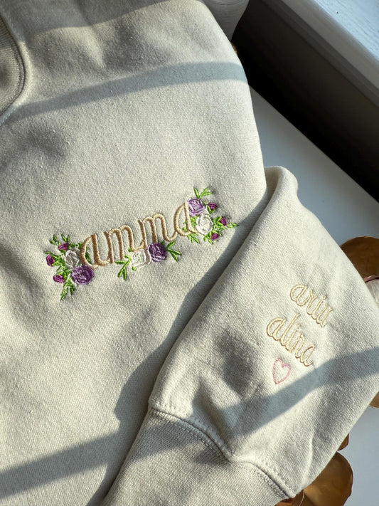 Custom embroidered floral Mama Sweatshirt names on sleeve | I wear my heart on my sleeve