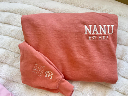 Custom Dad Sweatshirt, embroidered with Established Date and names on the sleeve