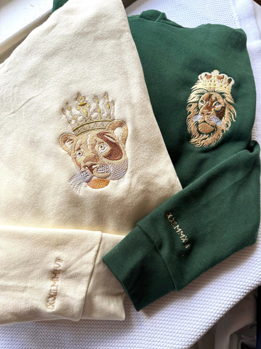 Lion/Lioness Sher/Sherni Embroidered Sweatshirt w roman numeral sleeve
