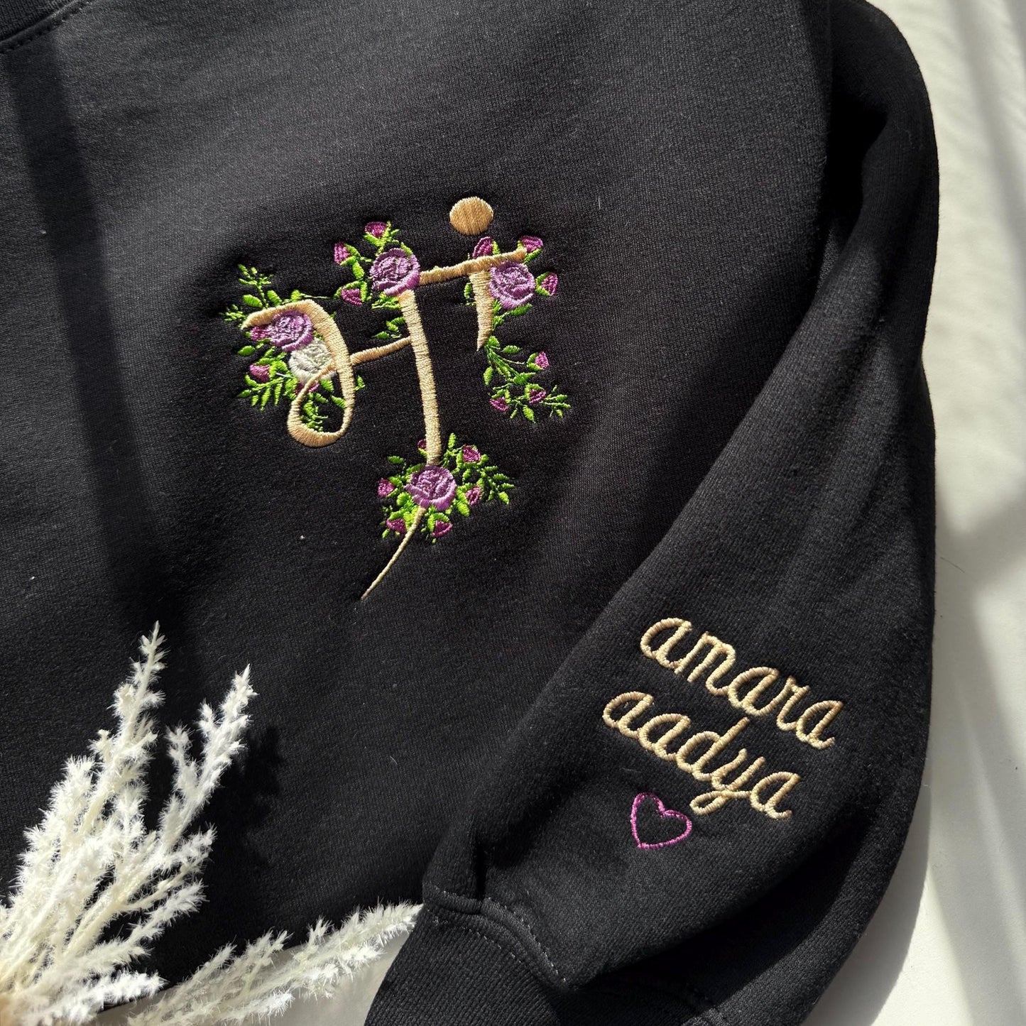 Custom Floral Embroidered Sweatshirt: Personalized Name Sleeve, South Asian Gift