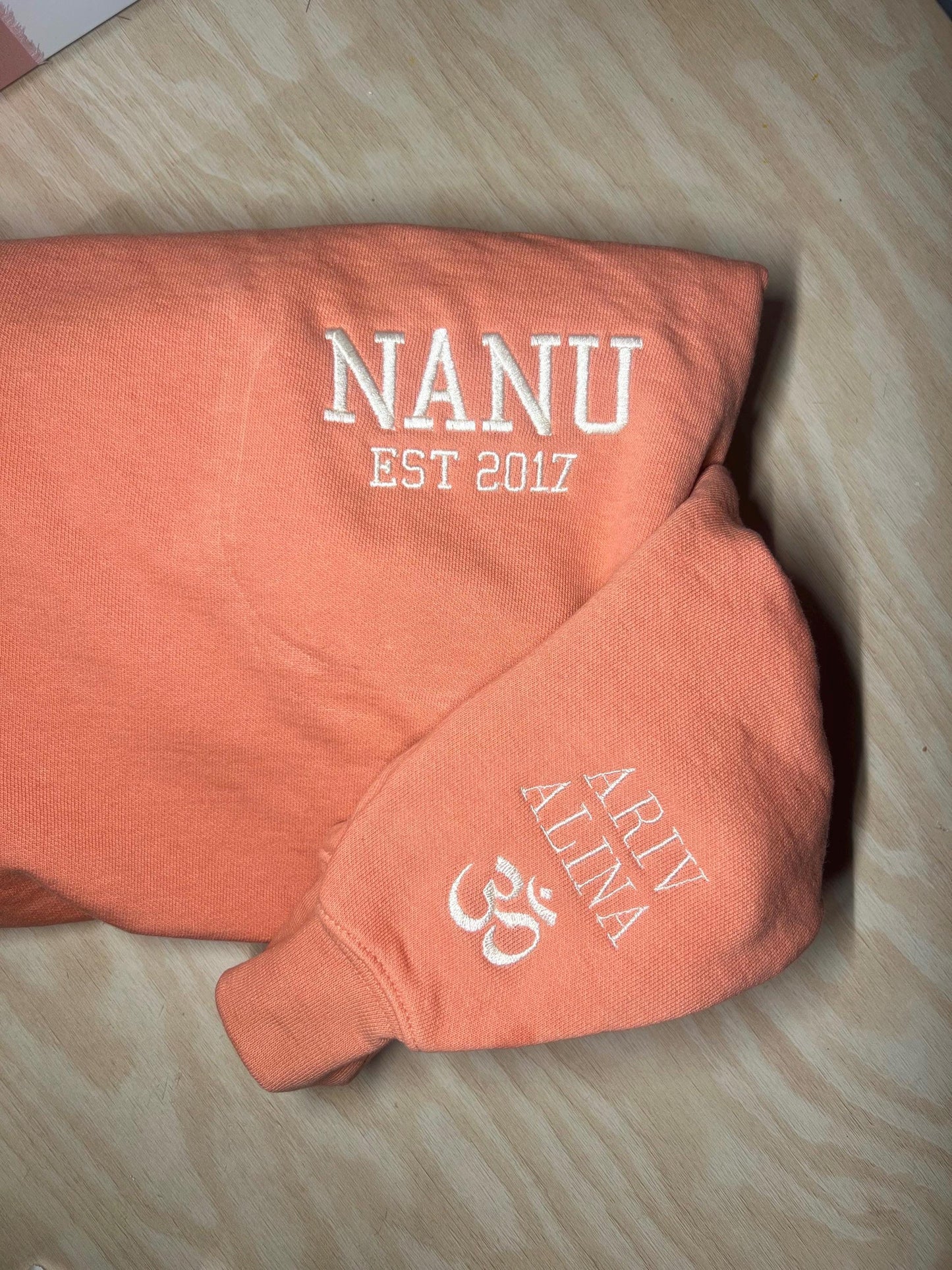 Custom Dad Sweatshirt, embroidered with Established Date and names on the sleeve