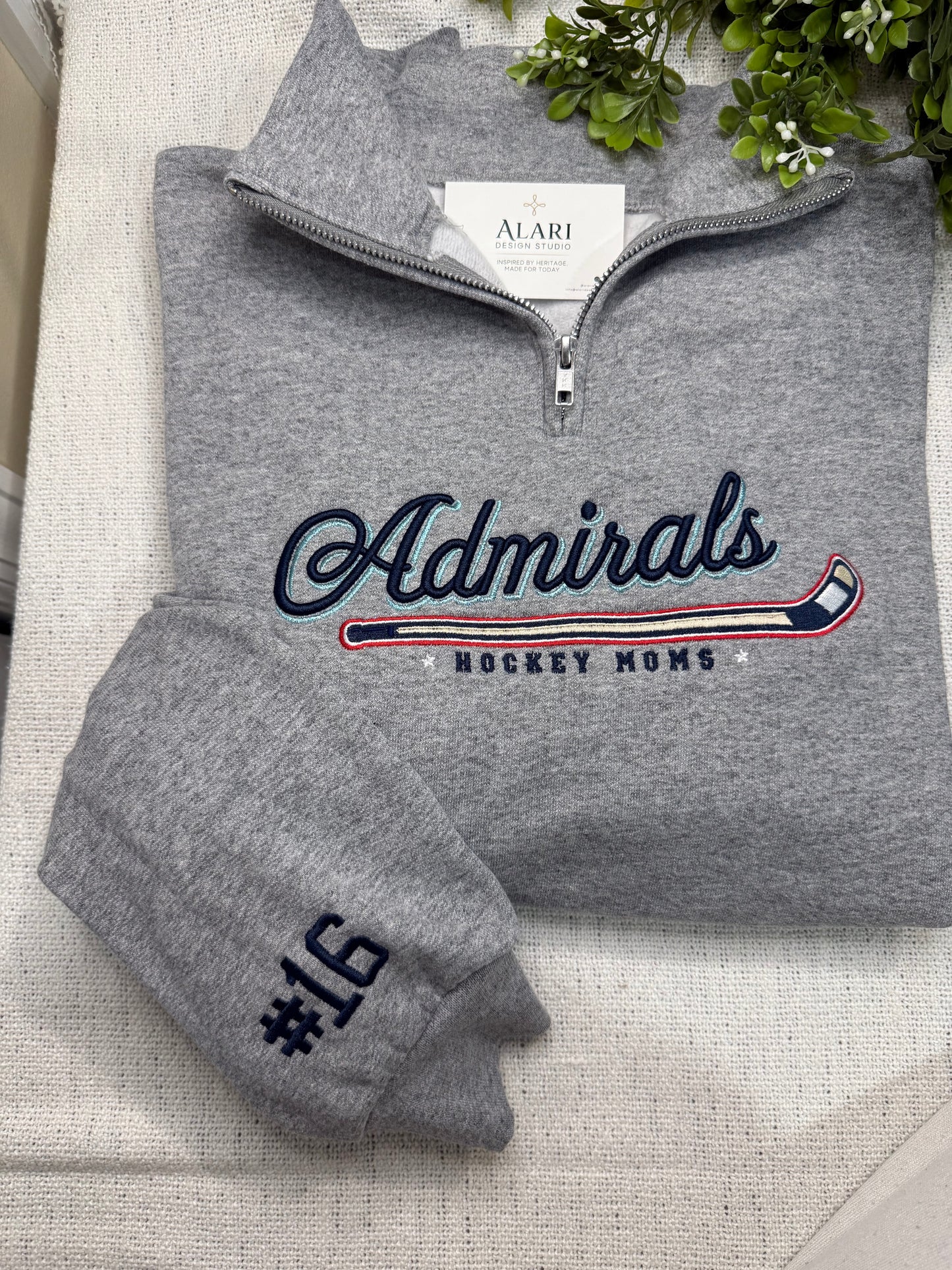 Embroidered 1/4 Zip Admiral Hockey Moms Sweatshirt
