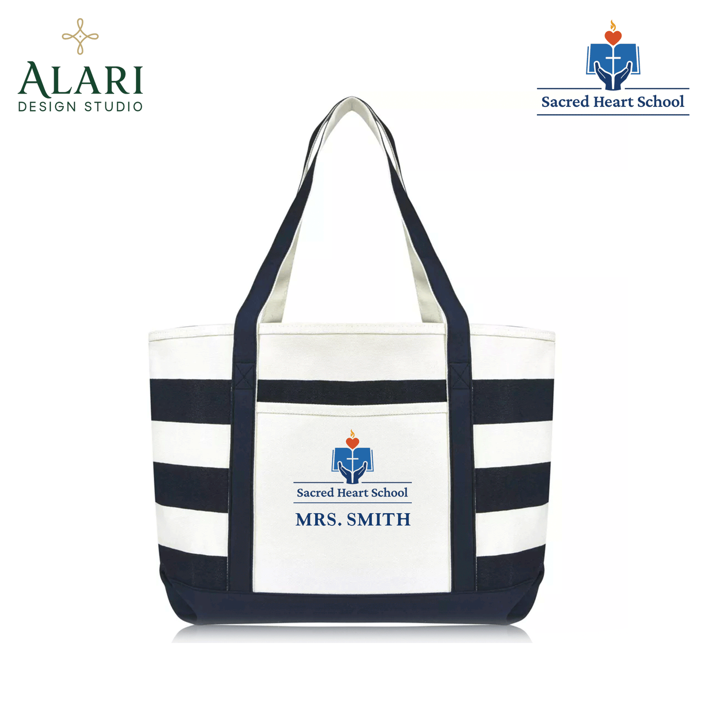 Sacred Heart Blue and White Striped Tote