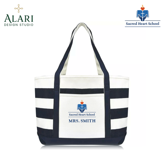 Sacred Heart Blue and White Striped Tote