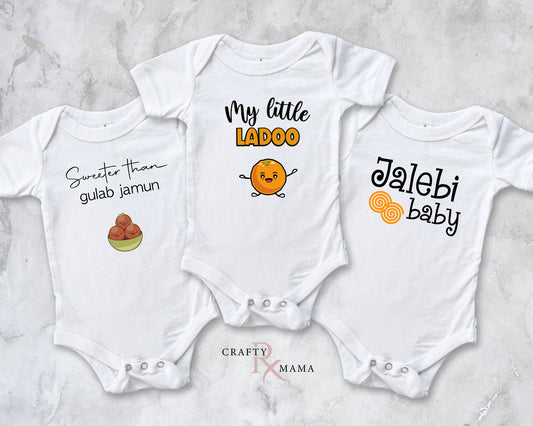 Mithai Bodysuit bundle set | Jalebi Baby, Little Ladoo and Sweeter than Gulab Jamun