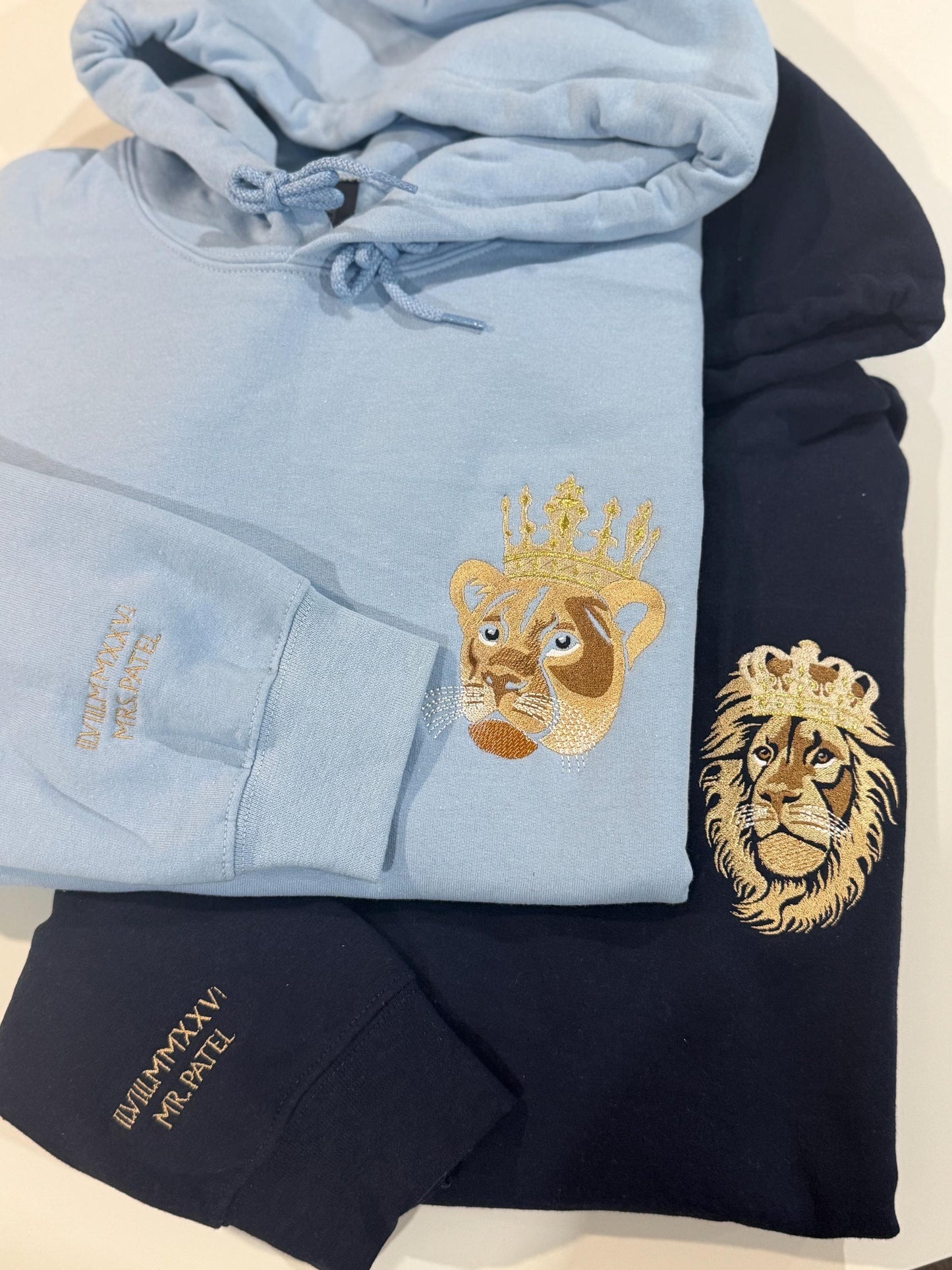 Lion/Lioness Sher/Sherni Embroidered Sweatshirt w roman numeral sleeve