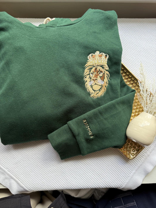 Lion/Lioness Sher/Sherni Embroidered Sweatshirt w roman numeral sleeve